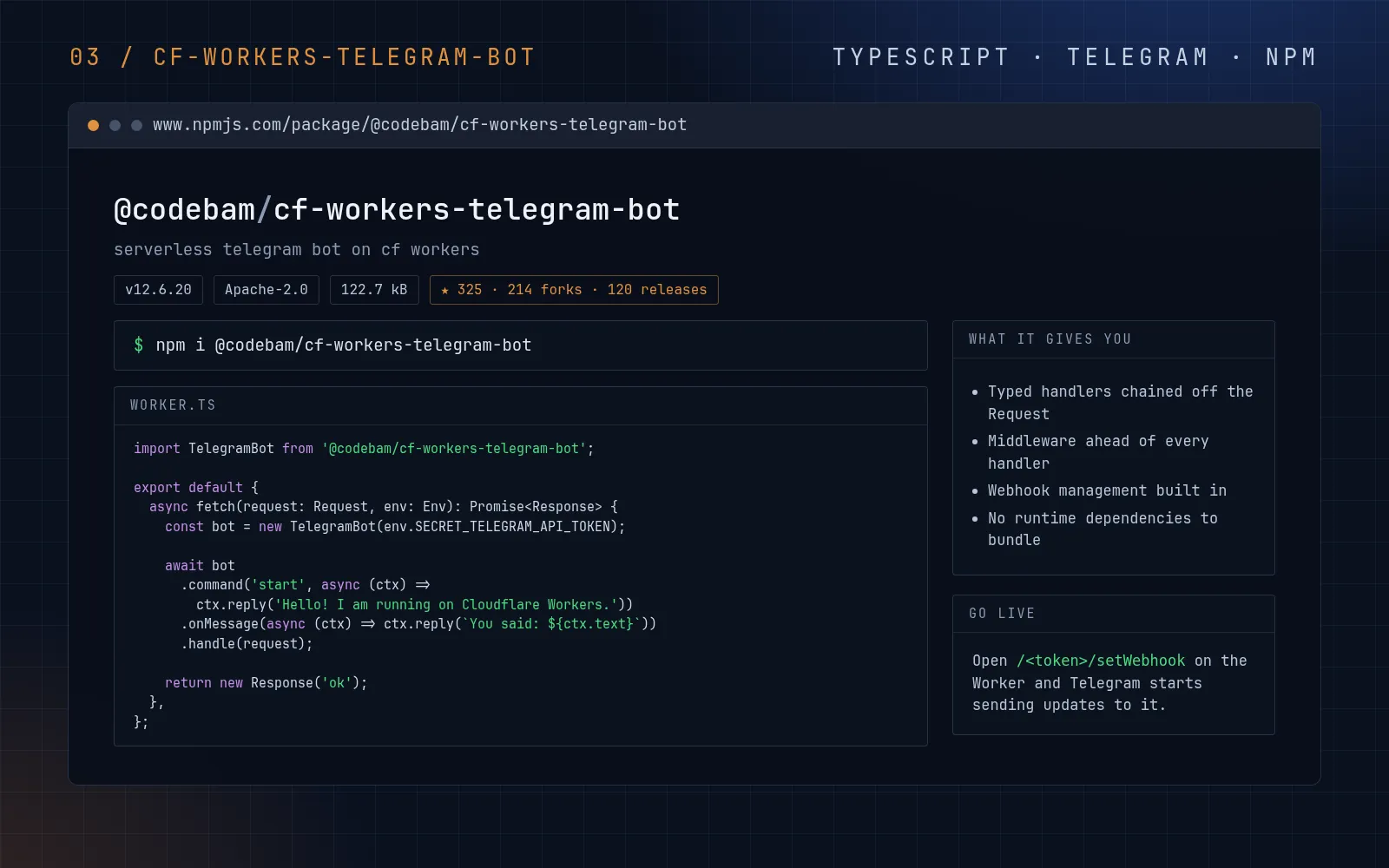 The package page and a Worker that hands its fetch handler to the bot